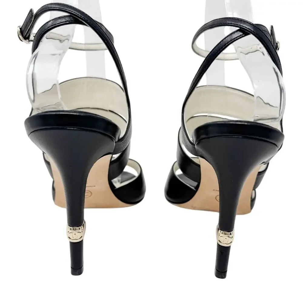 Chanel Cruise 2019 CC Logo Caged Leather Ankle Strap Heel Sandals size 38C US7
